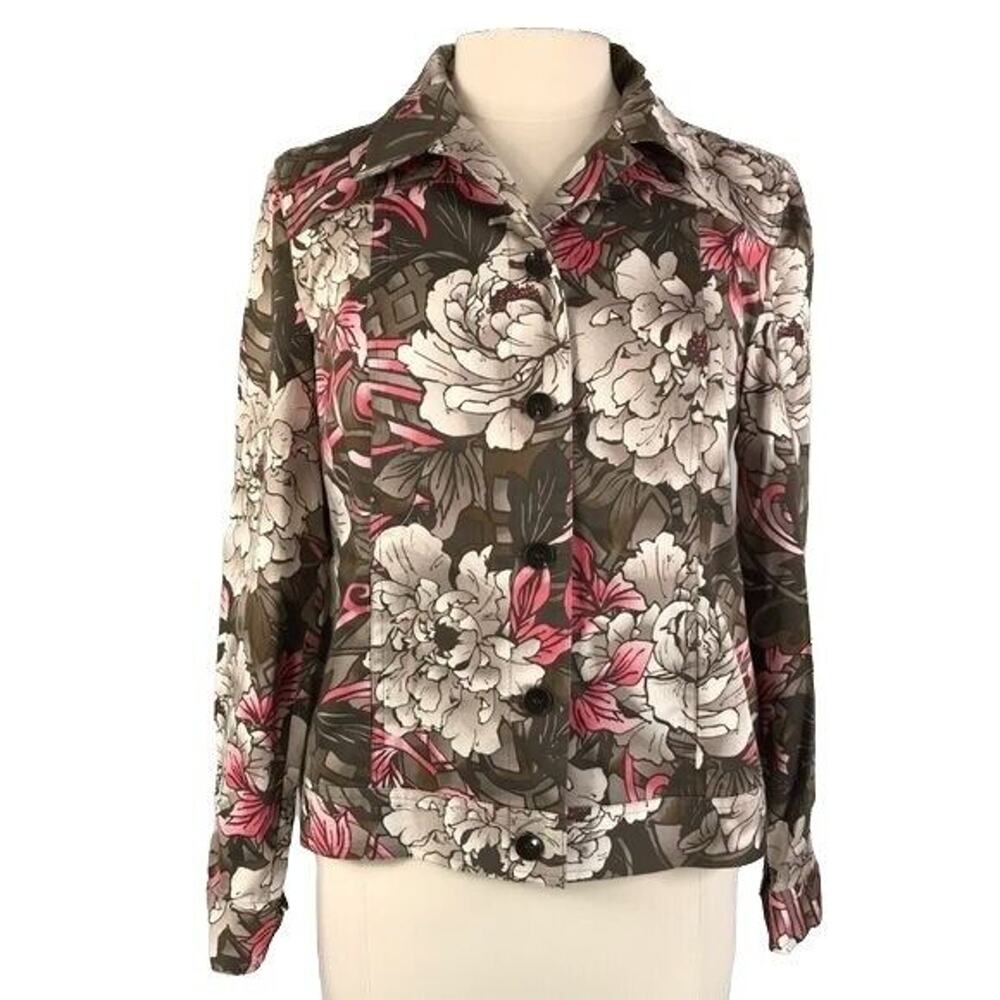 Chico's Size 1 Button Front Blouse Jacket Long Sleeve Taupe Coral Floral Motif